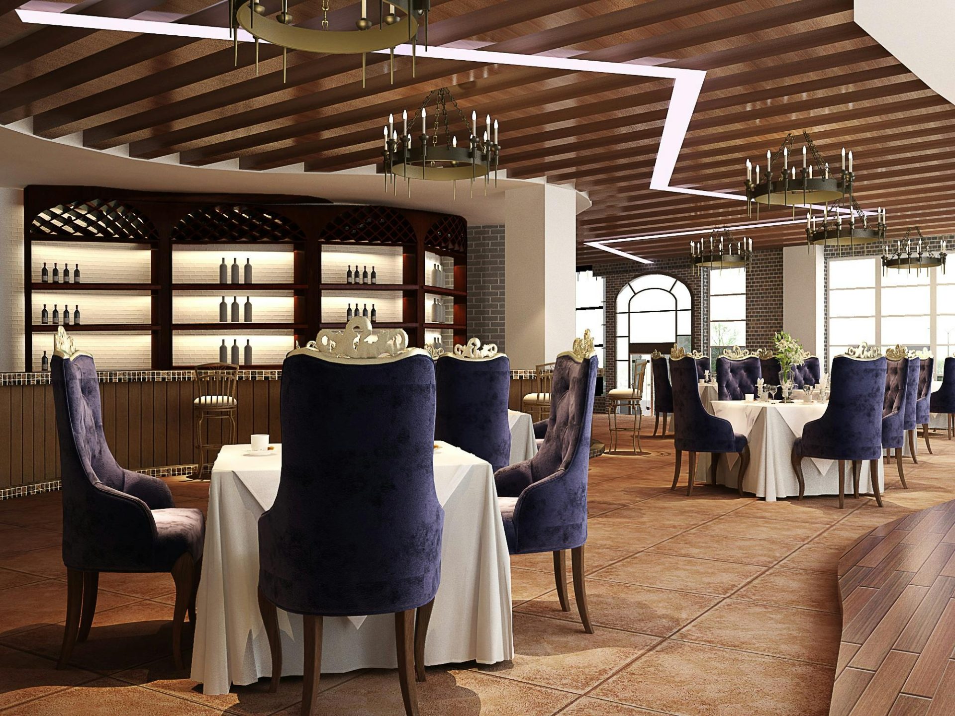 Anspruchsvolles Luxusrestaurant-Interieur mit eleganten Kronleuchtern und bequemen Sitzgelegenheiten, perfekt für ein feines Essen.
